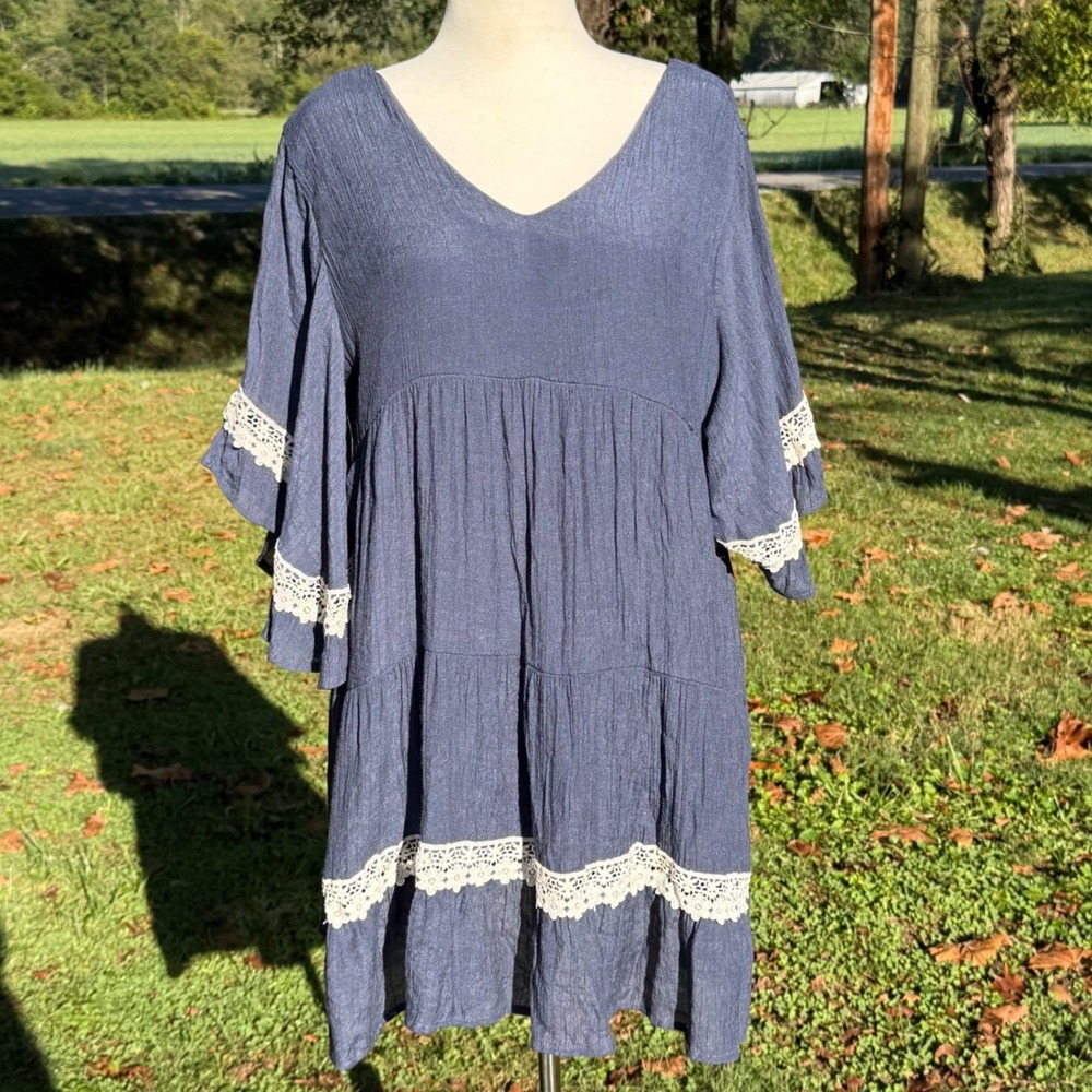 Umgee USA Blue Crinkle Gauze Lace Trim Tiered Babydoll Dress XL Boho Lagenlook
